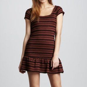 Free People Cozy Day Diva Mini Dress Red Zig Zag Pattern Ruffled Hem Boho